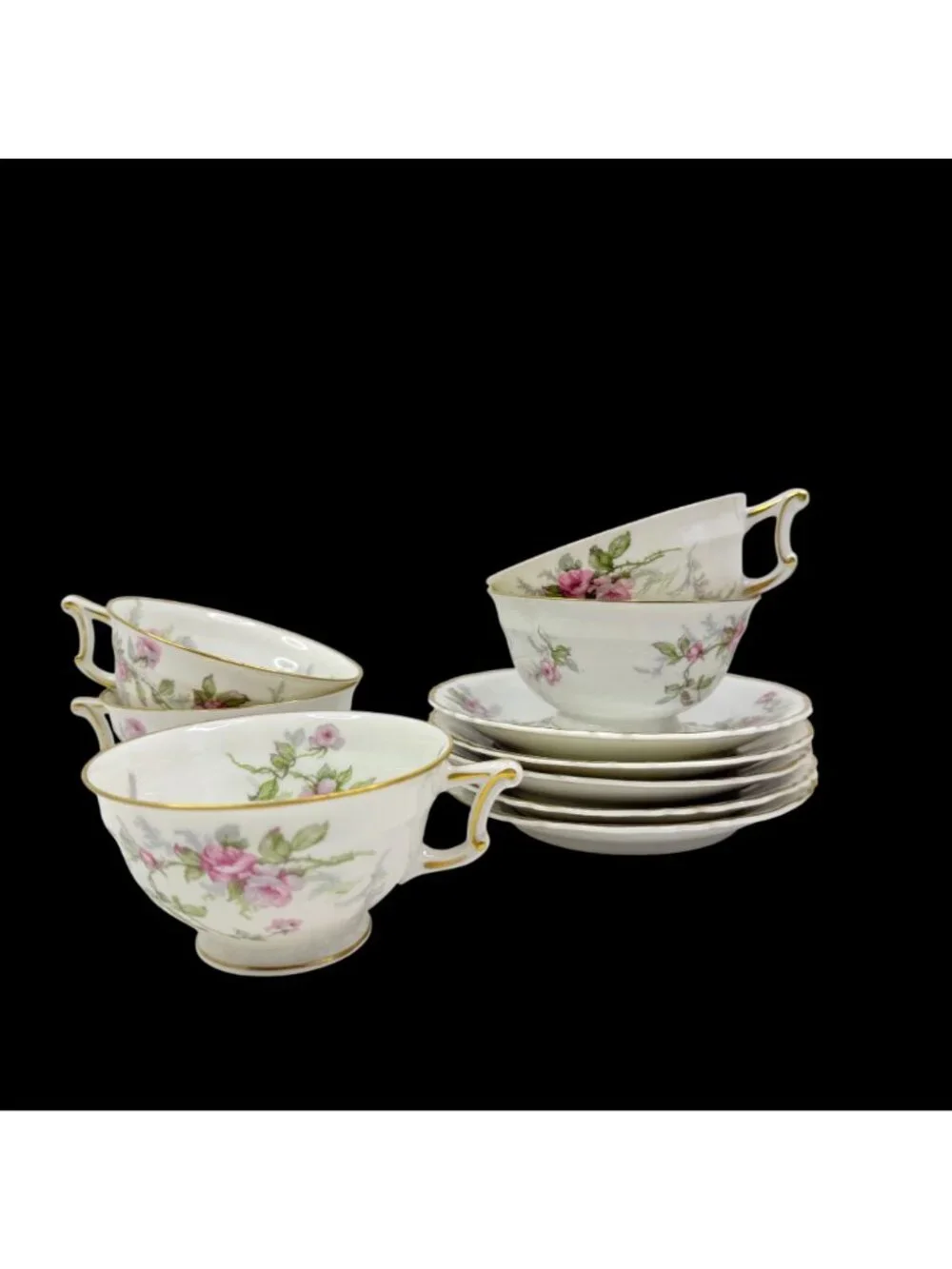 VTG Set of 5 Haviland Limoges Sylvia Teacups & Saucers Pink Roses Cottagecore